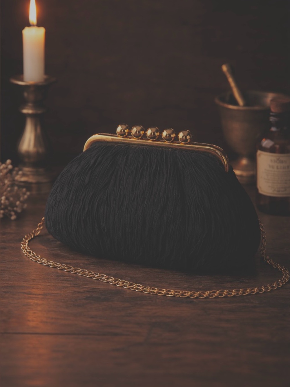 Vintage Black Crepe Kiss-Lock Evening Clutch | Gold Hardware & Chain Strap